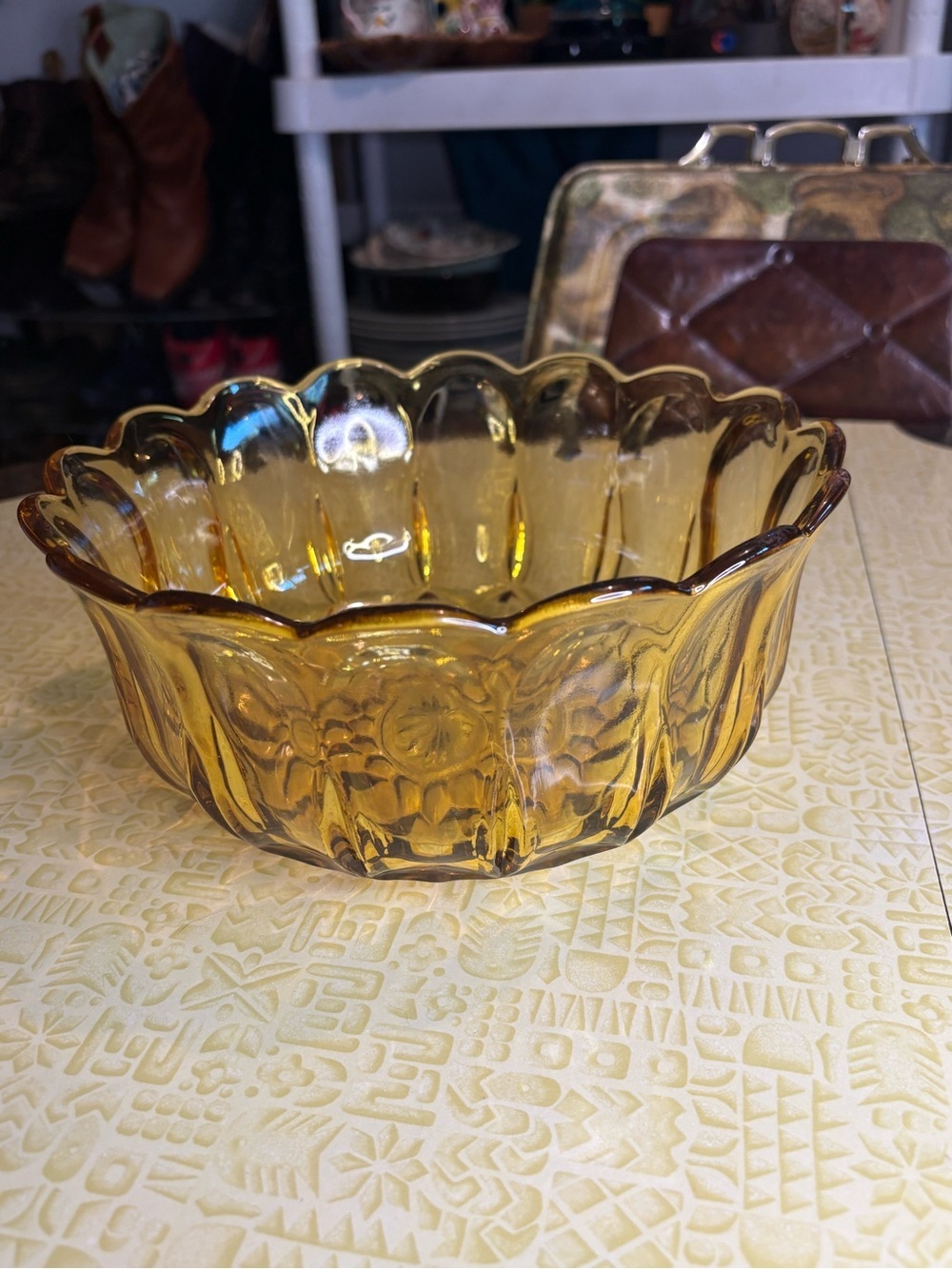Vintage Anchor Hocking Amber Glass Scalloped Serving Bowl